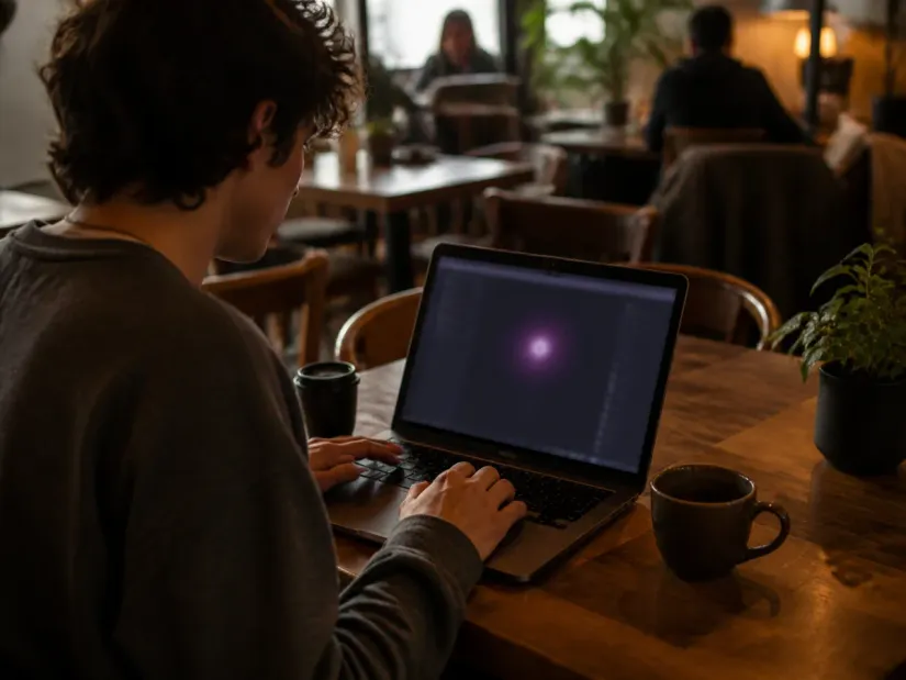 person accessing the dark web in a café