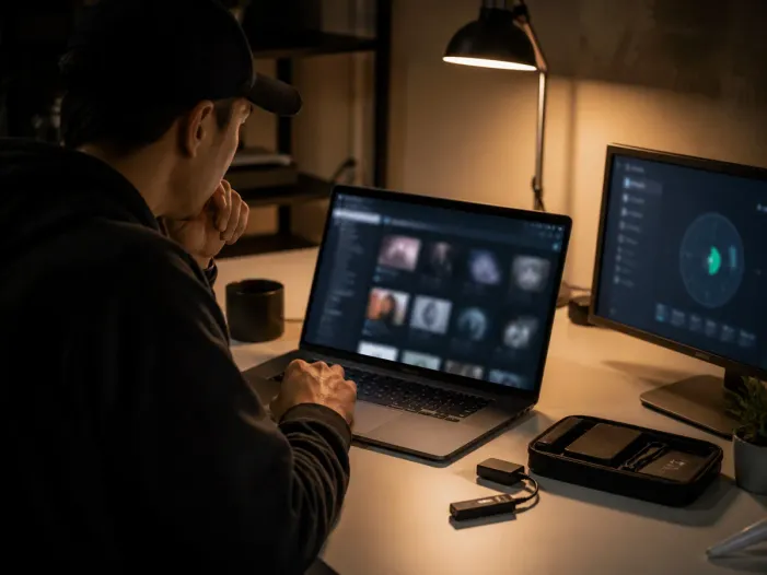 individual examining dark web market on laptop