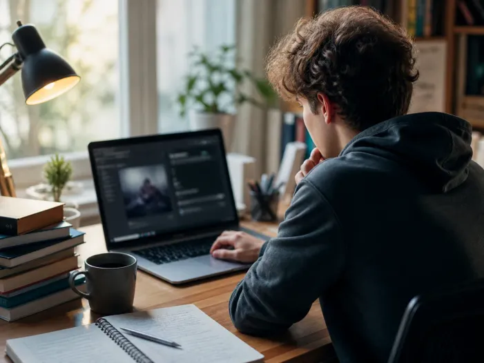 person researching dark web in cozy room