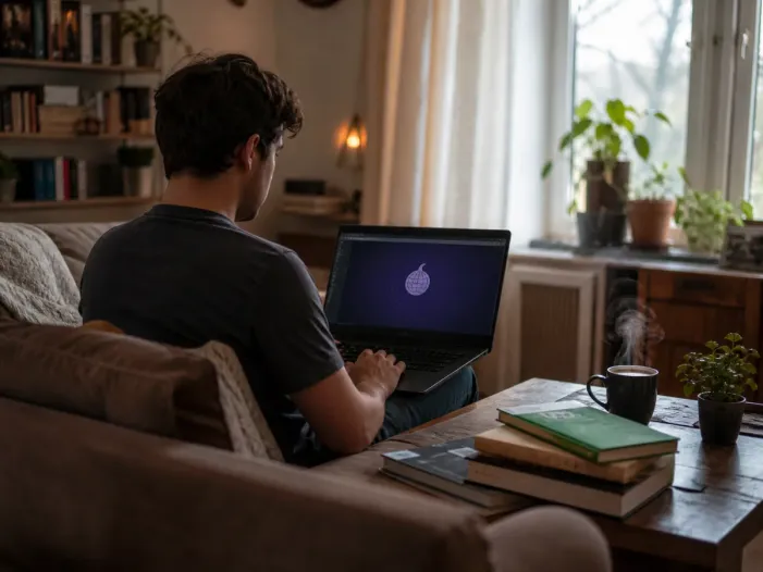 user exploring Tor Browser in a cozy living room