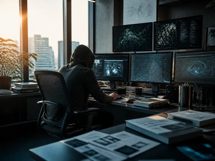 person analyzing deep web data on multiple screens