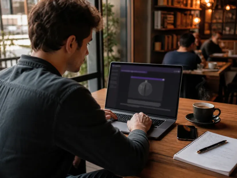 person exploring deep web resources in a cafe