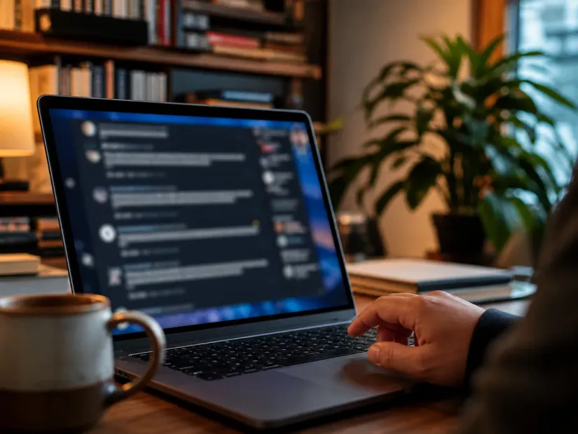 Cozy home office with Reddit discussion on laptop