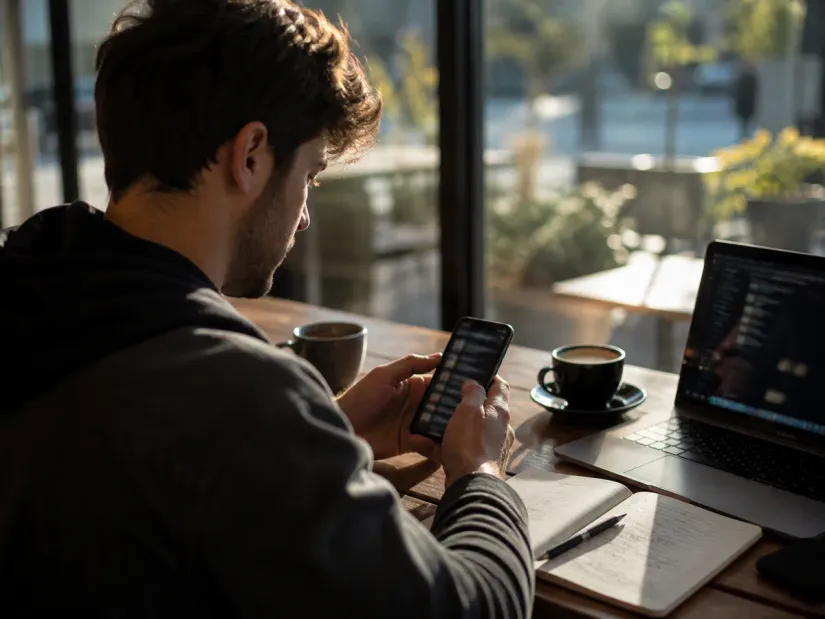 individual accessing Telegram in a cafe setting