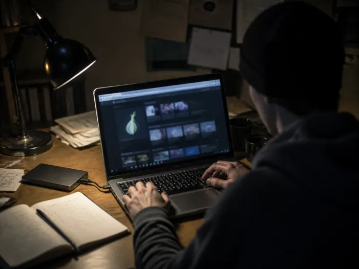 individual analyzing dark web information on a laptop
