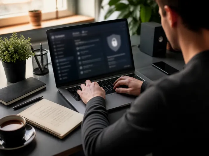 individual examining cybersecurity settings on laptop