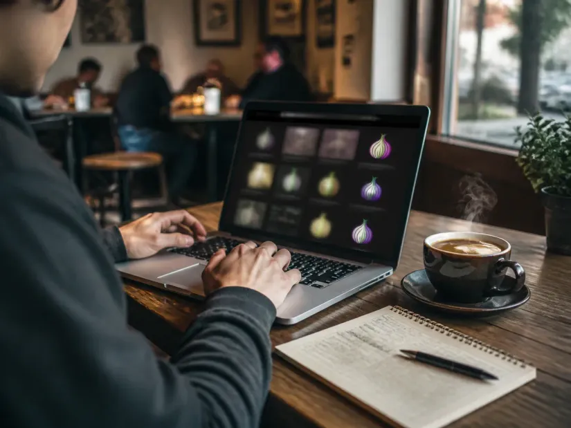 individual browsing .onion sites in a café